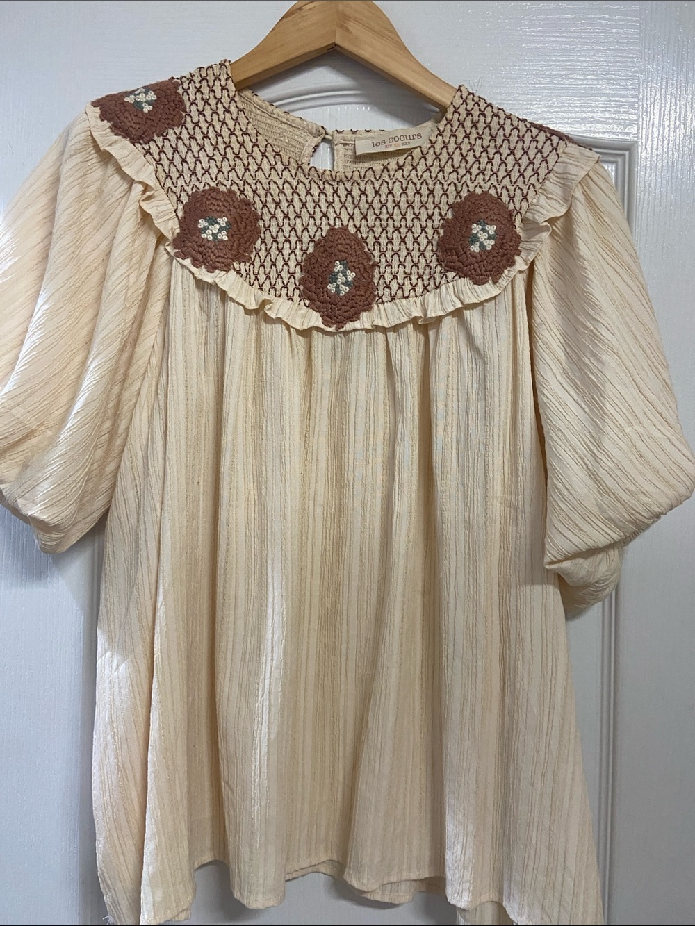 Cream Smocked Yoke Blouse with Brown Crochet Flowers by